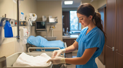 Obraz premium Nurse Sanitizing Hands Before Entering Patient Room