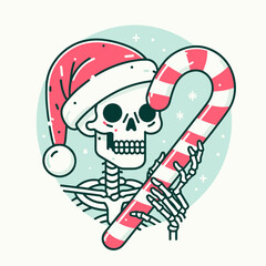 A festive skeleton in a Santa hat holds a candy cane against a light background, blending holiday cheer with a spooky twist.