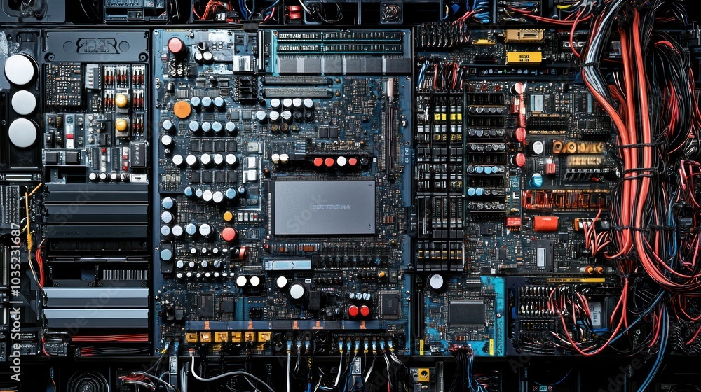 Poster close-up of a complex circuit board with wires and components