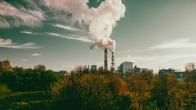 Industrial landscape with smoking chimneys against a backdrop of greenery. A contrast between industry and nature, showcasing human impact on the environment.