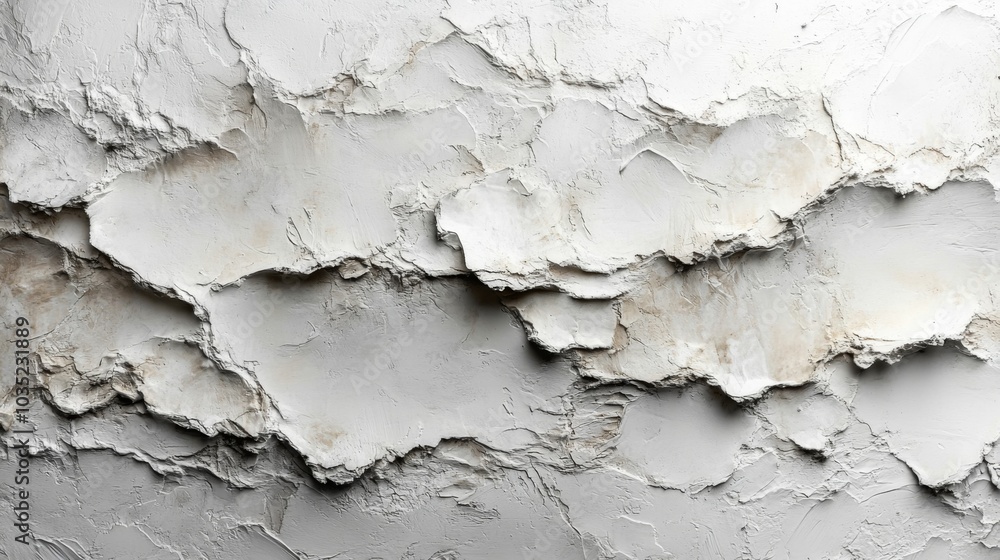 Fototapete This textured wall features layers of white and gray plaster that are peeling and cracking, creating a visually striking abstract pattern that adds depth and character to the environment.
