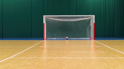 Empty indoor handball court, with goal positioned against green backdrop.