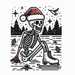 A whimsical illustration of a skeleton wearing a Santa hat, ice skating against a snowy backdrop with trees and festive elements.