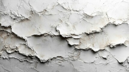 This textured wall features layers of white and gray plaster that are peeling and cracking, creating a visually striking abstract pattern that adds depth and character to the environment.