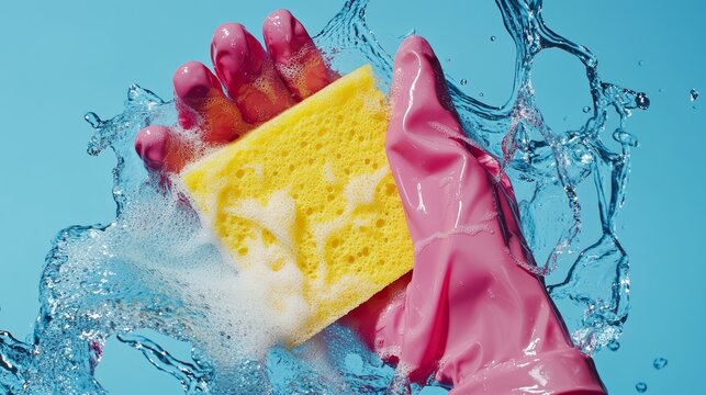 Pink Power: Cleaning Made Easy with Durable Rubber Gloves and Soapy Sponge for a Fresh Finish