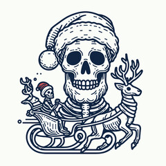 Fototapeta premium A playful design featuring a skeleton in a Santa hat riding a sleigh pulled by reindeer, blending festive themes with a spooky twist.