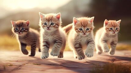 Four kittens are running on a wooden floor.