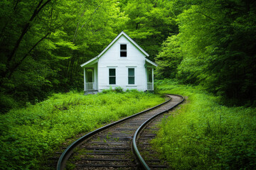 Fototapeta premium small white house nestled in the middle of a green forest, with a narrow railway track leading directly to it, surrounded by dense trees and foliage