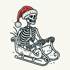 A whimsical skeleton in a Santa hat joyfully rides a sleigh, blending Halloween and Christmas themes in a playful manner.