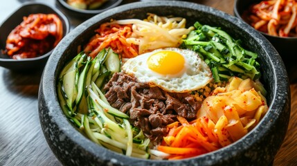 A colorful bowl of bibimbap with assorted vegetables, beef, and a fried egg