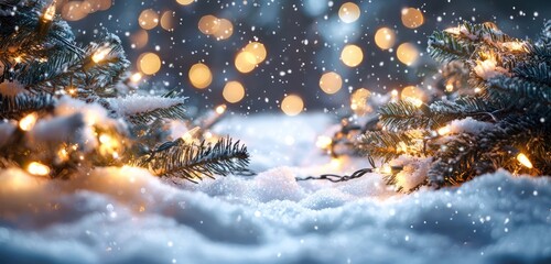 Snow-covered backdrop with gentle Christmas lights for holiday greetings.