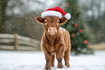 Highland Calf Wearing Santa Hat in Snowy Winter Scene