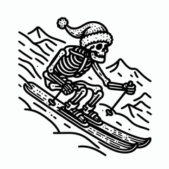 A whimsical illustration of a skeleton wearing a Santa hat skiing down snowy mountains.
