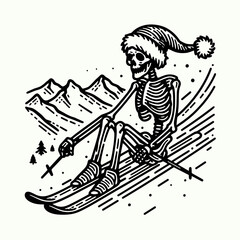 Obraz premium A humorous illustration of a skeleton skiing down a mountain, wearing a festive Santa hat, capturing a playful winter vibe.