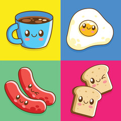 Kawaii cute breakfast food cartoon illustration