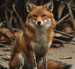 Fototapeta premium A curious fox sits quietly among muddy terrain in a lush forest during autumn