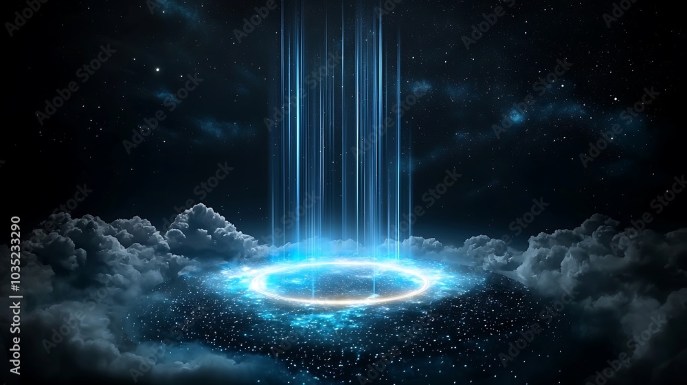 Poster a mesmerizing cosmic scene featuring bright blue light rays emerging from a circular portal above so