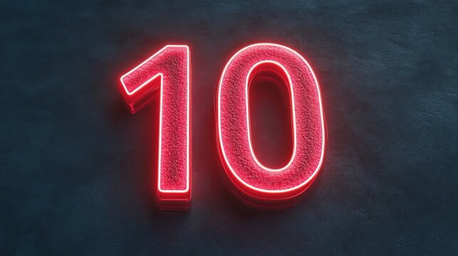 Number 10, Red Neon Sign on a Dark, Textured Concrete Wall Background, 3D Illustration