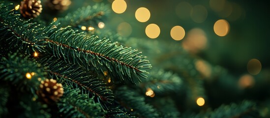 Christmas Tree Branch with Twinkling Lights and Pinecones &ndash; Festive Holiday Background