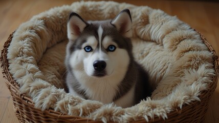 siberian husky puppy in bed