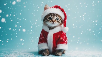 Fototapeta premium Cute Kitten in Santa Costume Sitting in Snow – Adorable Christmas Holiday Scene.