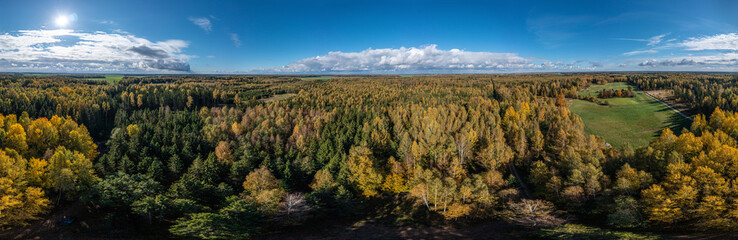 Aerial view 360 panorama of rural wooded area on sunny autumn day