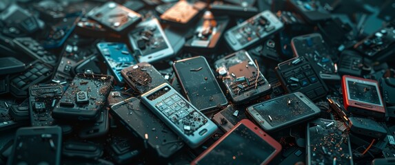 Pile of Broken and Old Cell Phones &ndash; Electronic Waste and Obsolete Technology Concept.