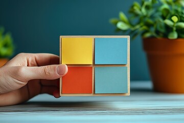 hand holding post it block