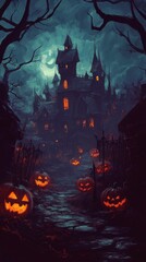 Spooky Halloween Night with Glowing Jack-o'-Lanterns and Haunted House
