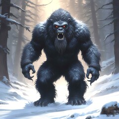 Fototapeta premium Illustration of dark bigfoot in winter woods.