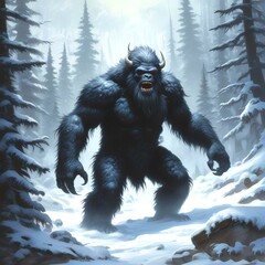 Fototapeta premium Illustration of dark bigfoot in winter woods.