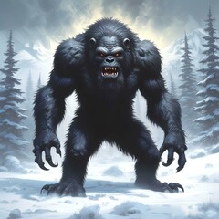 Fototapeta premium Illustration of dark bigfoot in winter woods.