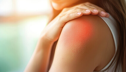 Close up of a woman with shoulder pain, highlighted in red. Concept of injury, muscle strain, or medical condition.