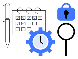 Pen, calendar with checkmarks, lock, gear with clock, and magnifying glass. Ideal for productivity, time management, scheduling, security, and organization. Simple vector drawing style with blue