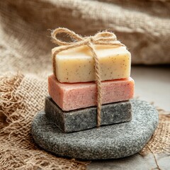 Stacked handmade soap bars tied with twine on a stone against a textured fabric background