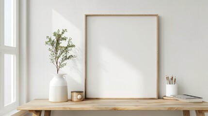 A contemporary home office setup with white walls and a wooden desk. A blank picture frame is prominently displayed with a single decorative item. Bright