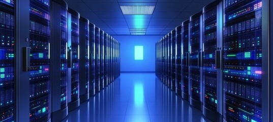 Modern Data Center Rows of Server Racks, Blinking LED Lights, and a Blue Glow Illuminate the Room