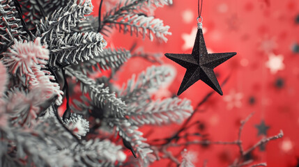 Black star hanging ornament set against frosted pine branches highlights a festive christmas theme. the vibrant red backdrop enhances the holiday atmosphere,