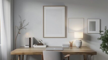 A contemporary home office with a wooden desk and white walls. The desk has a blank picture frame and a small decorative item. Soft
