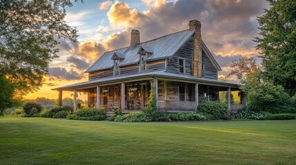 Fototapeta premium A rustic wooden house with a wraparound porch at sunset.