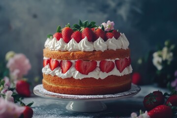 A delicious-looking strawberry cake with white frosting and fresh strawberries on top