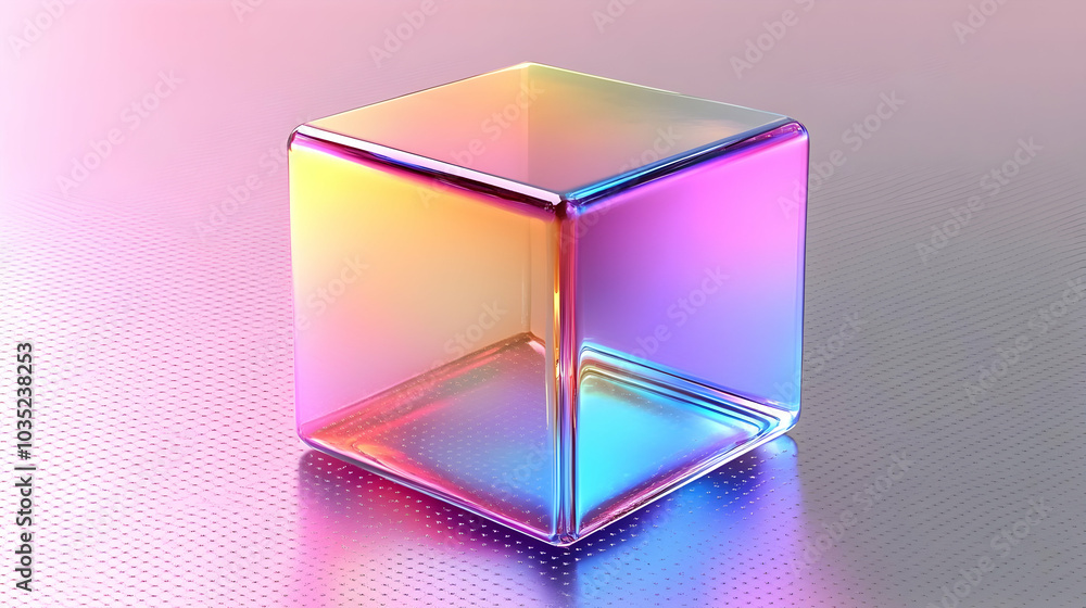 Poster a prismatic cube reflecting light and color on a textured surface