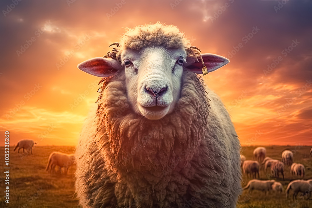 Poster sheep is standing in a field with the sun setting behind it.