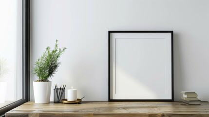 A contemporary home office with white walls and a wooden desk. The desk features a blank picture frame and a small decorative item. Bright