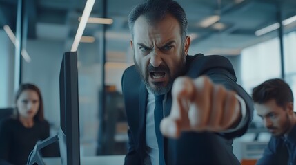 Angry manager yelling at employee. Bad temper bossy businessman frustrated with very furious angry face shouting pointing at office, frightened sad worker listening to his swearing background.