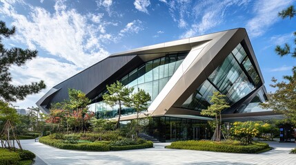 Fototapeta premium Modern Glass and Metal Building with a Landscaped Entrance