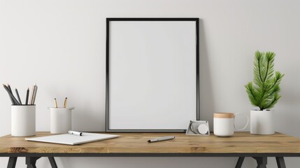 A contemporary home office with white walls and a wooden desk. The desk features a blank picture frame and a single, stylish pen holder. Bright