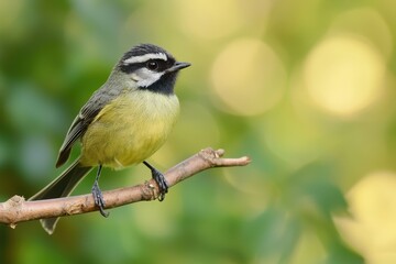 Obraz premium A vibrant yellow bird perched gracefully on a twig amidst a lush green background