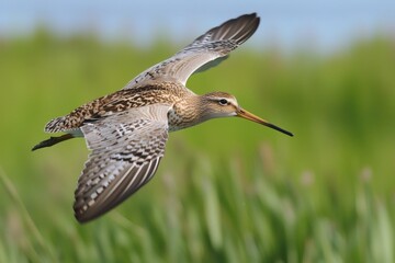 A solitary bird soaring gracefully over lush wetlands during a bright sunny day