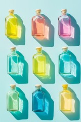 A flat lay of colorful bottles with pastel-colored liquid inside, arranged on a blue background.